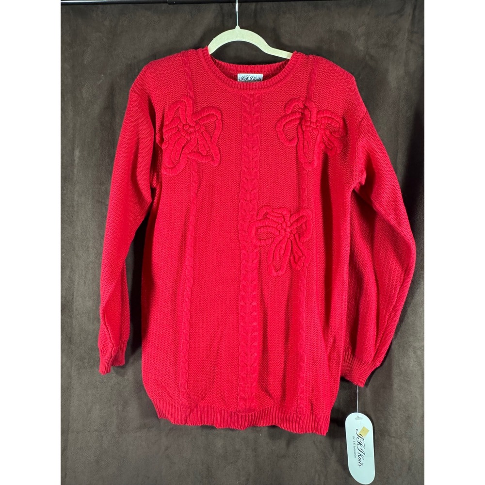 Vintage IFI Knits Red Bow Applique Cable Knit Sweater Shoulder Pads Size M